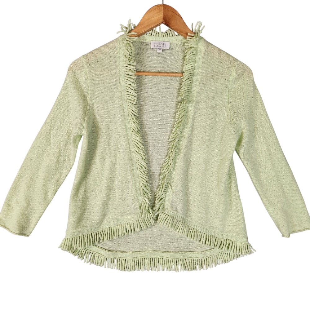 Kinross Cashmere Cardigan Women's XS Light Green Open‎ Front Fringe